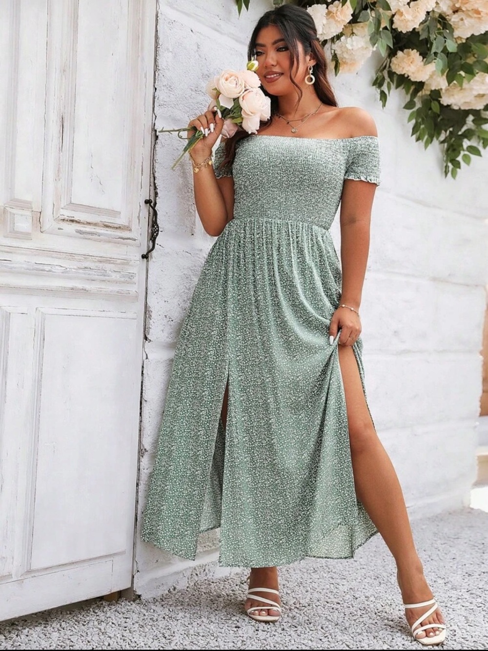 SHEIN Plus Ditsy Floral Print Off Shoulder Split Thigh Dress 3XL